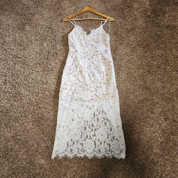 DO+BE White Floral Lace Midi Dress Nude lined Small Bridal Cocktail Romantic NWT - Picture 6 of 8